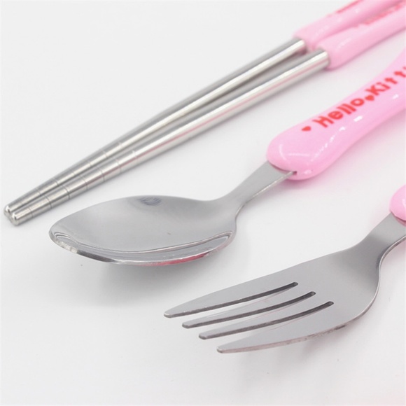 5 pcs Hello Kitty Lunch Utensils Chopsticks Fork Spoon Set Case Travel Bag Pouch - Picture 2 of 6